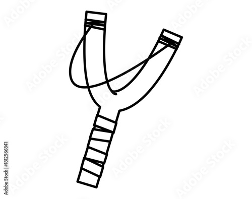 Hand drawn cute outline illustration of wooden slingshot. Flat vector hit the target line art doodle. Kids catapult game icon. Hunting sport. Make a shot with stone. Sling handmade weapon. Isolated.