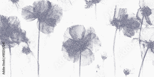 Transparent floral pattern with fine ink lines, dusty stipple texture and paper grain, soft vintage speckle and faded background noise.