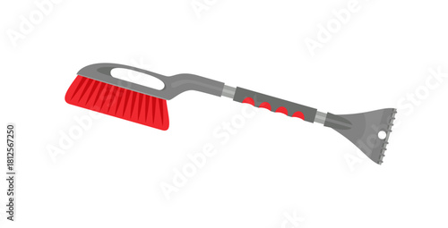 Car brush with ice scraper isolated on white background. Vector cartoon flat illustration. Icon of tool for cleaning cars from snow and ice.