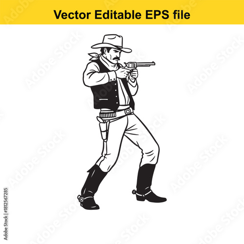 Black and white vector illustration of a determined cowboy aiming an antique revolver gun, isolated on