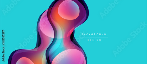 Abstract fluid shapes, vibrant colors blend. Turquoise background complements pinks, purples, blues. Modern design element.