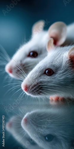 White mice close up with reflections on a smooth surface in soft lighting