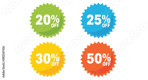 Vector illustration of colorful discount sale tags and labels collection with various percentage offers isolated on