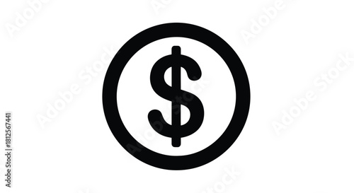 Vector illustration of black dollar sign icon in a circle, representing currency, finance, and money, isolated on