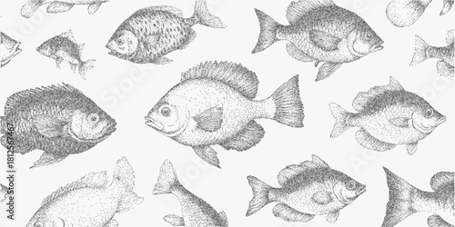 Background filled with swimming fish, stippled movement, halftone grain and underwater photocopy grit, vintage aquatic texture with layered noise.