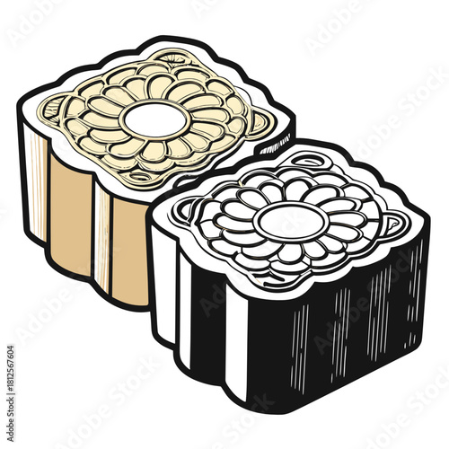 Mooncake with intricate floral pattern in black and gold design  