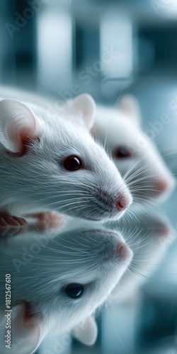 White mice exploring a reflective surface in a calm indoor setting