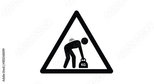 Vector illustration of safety warning symbol showing incorrect heavy lifting posture leading to back injury, isolated on