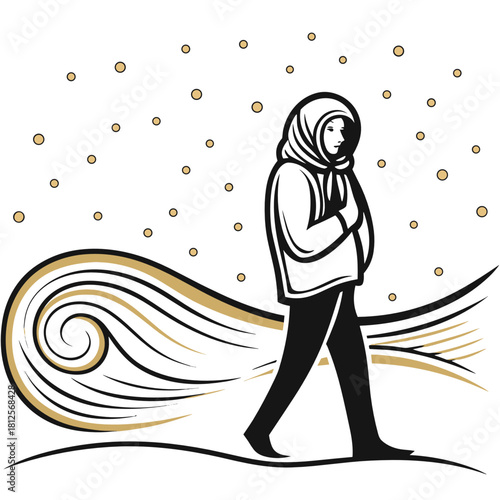 Woman walking in a blizzard with a scarf during winter in the village  