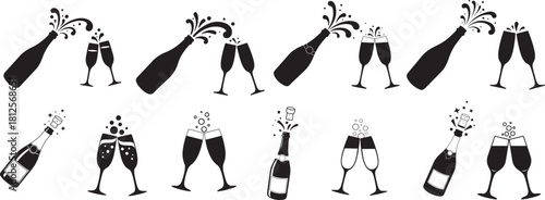 Champagne celebration icons set, sparkling wine bottles and glasses.