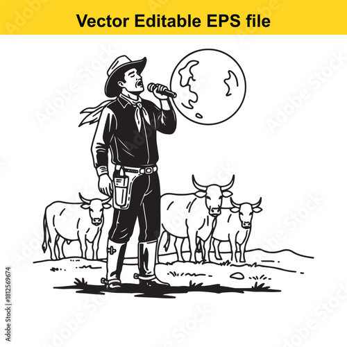 Black and white line art vector illustration of a singing cowboy holding a microphone in front of a herd of cattle under a full moon
