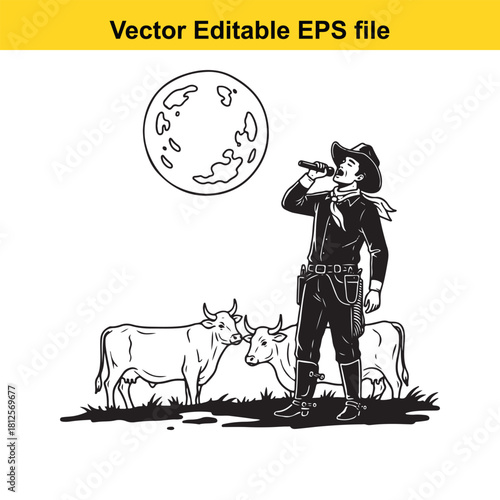 Vintage style black and white vector illustration of a cowboy singing into a microphone with two cows standing behind him under a full moon, isolated on