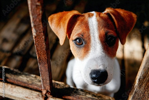 Playful puppy peeking through wooden bars in a cozy shelter setting