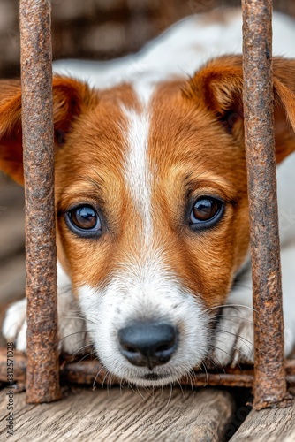 Curious puppy looks through rusty bars in an old shelter