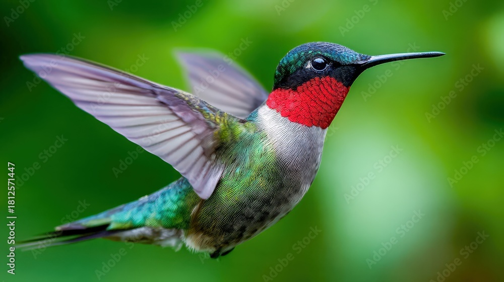 Obraz premium Colorful hummingbird flying through green foliage in a sunny garden setting