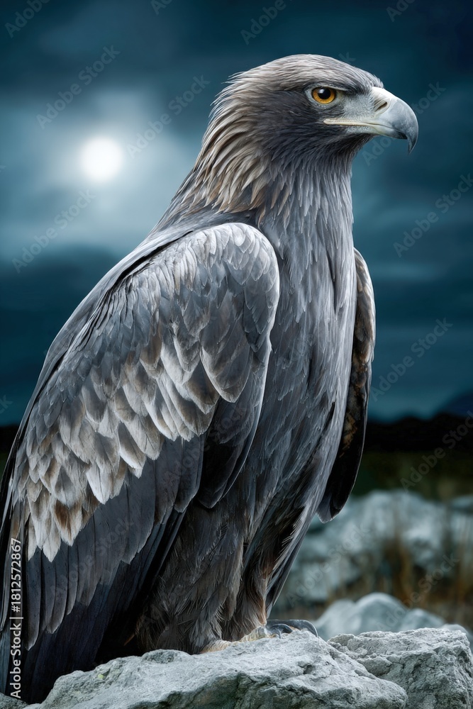 Fototapeta premium Majestic eagle perched on a rocky surface under a full moon at night