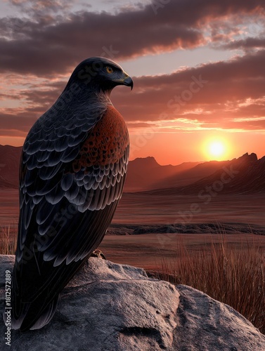 Majestic hawk rests on a rock during a stunning sunset in the wilderness