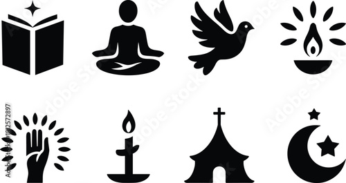 Spiritual and religious symbols collection with meditation peace icons, faith elements, sacred worship signs and harmony illustrations, flat vector illustration
