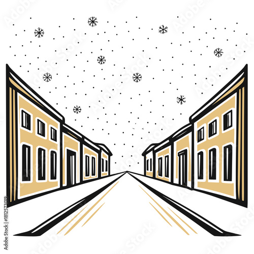 Winter street scene with snowflakes falling over buildings  