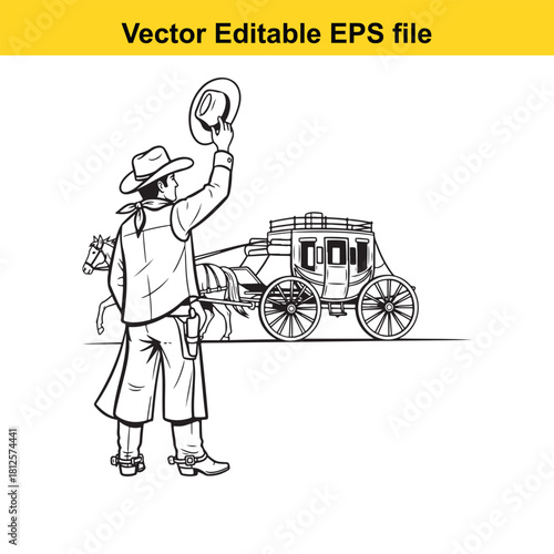 Black and white vector illustration of a cowboy tipping his hat while standing next to a horsedrawn stagecoach, isolated on