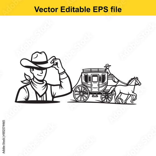 Vector editable eps file of a cowboy tipping his hat next to a horse drawn stagecoach, isolated on