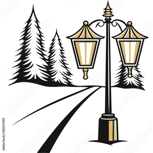 Snowy street with lanterns and pine trees in winter scene  
