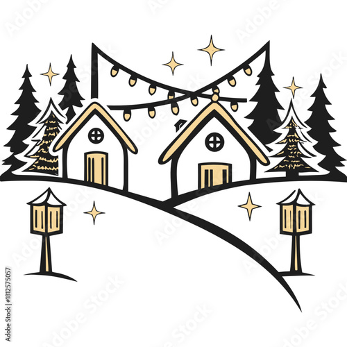 Cozy winter village scene with decorated houses and pine trees  