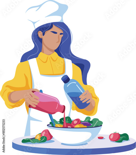 Female Chef Preparing a Fresh Vegetable Salad - Healthy Cooking Vector Illustration