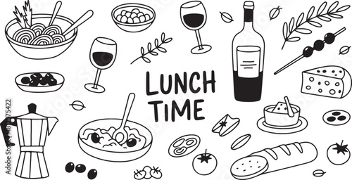 Hand-Drawn Italian Lunch Food & Drink Doodle Illustration Set