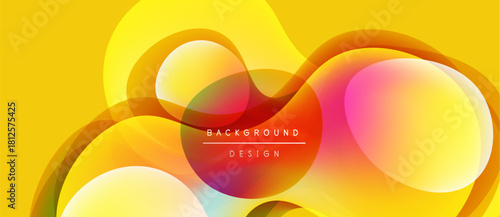 Abstract yellow background features overlapping translucent circles. Gradient colors create dynamic visual effect. Modern design element.