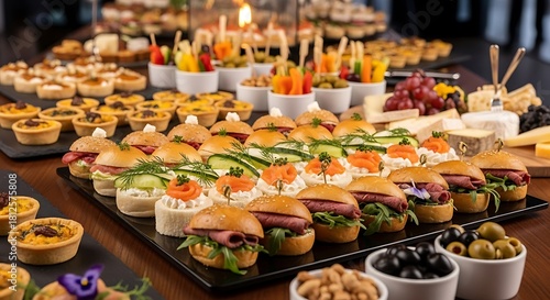 Abundant buffet table filled with delicious mini burgers and appetizers