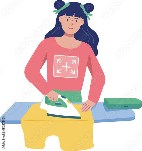 Young Woman Ironing Clothes on an Ironing Board - Vector Illustration