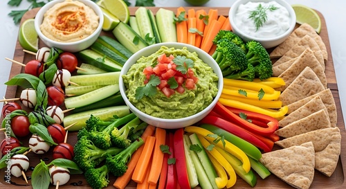 Colorful vegetable platter with dips and pita chips for healthy snacking