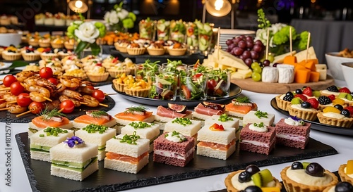 Abundant and colorful buffet spread with a variety of gourmet appetizers and desserts