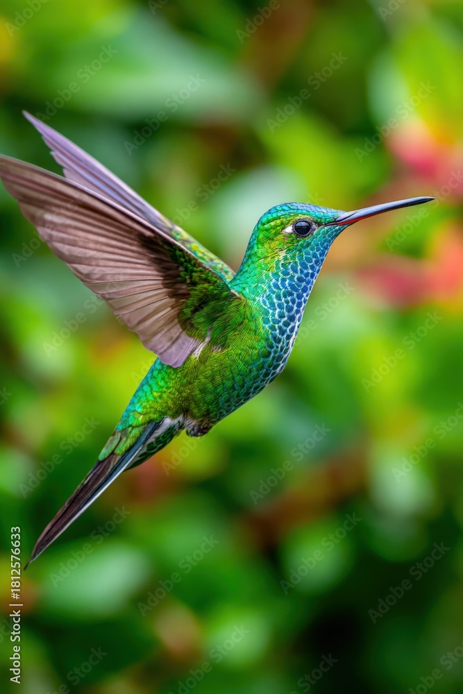 Fototapeta premium Vibrant hummingbird in mid-flight surrounded by lush greenery and colorful blooms