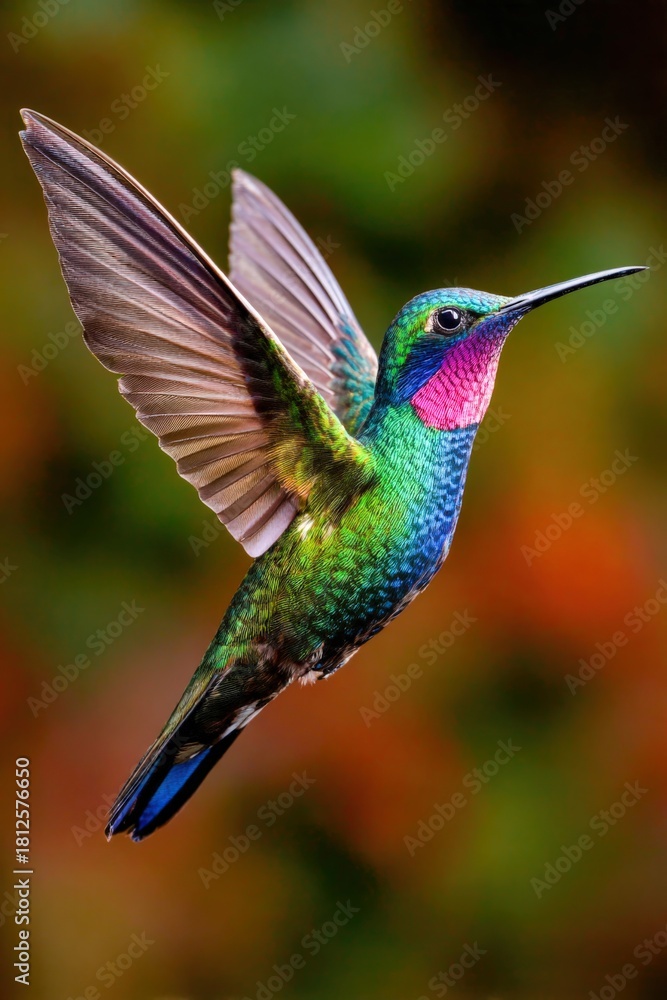 Fototapeta premium Colorful hummingbird hovering mid-air in a vibrant natural setting