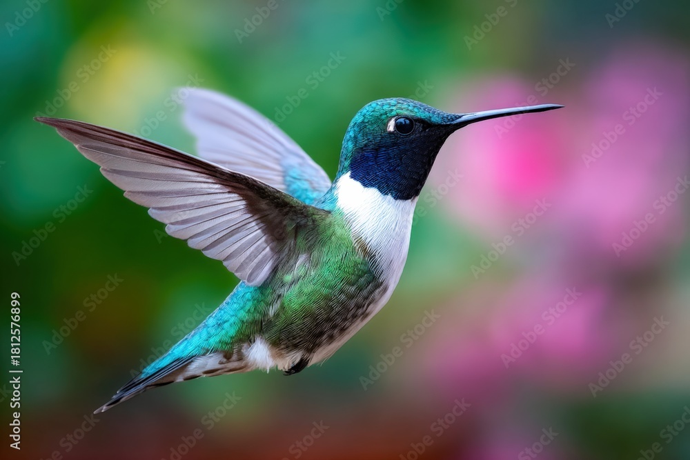 Fototapeta premium Colorful hummingbird in flight amidst lush background flowers during day