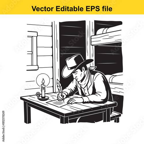 Black and white vector illustration of a cowboy or prospector writing a letter or document with a quill pen by candlelight inside a rustic wooden cabin or bunkhouse