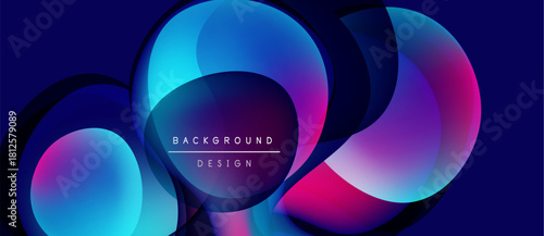 Abstract circles overlap, creating vibrant gradients. Blue, pink, purple hues dominate dark background. Modern design element.