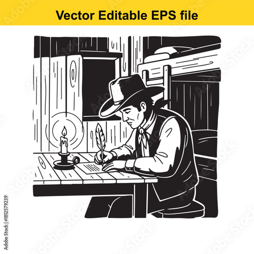 Vintage cowboy or western man writing a letter with a quill pen by candlelight in a rustic cabin room interior