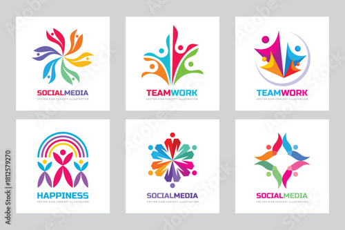 Teamwork vector logo set creative illustration. People group sign. Social media symbol. Friendship concept. Cooperation icons. Graphic design elements