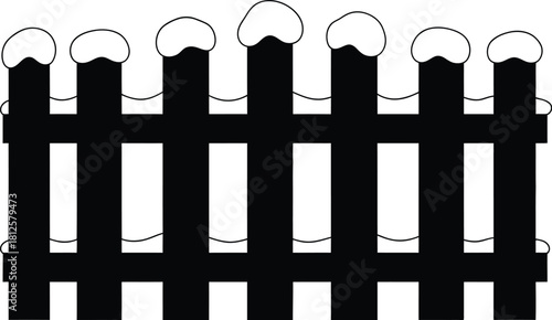 Black silhouette of a picket fence with snow caps posts