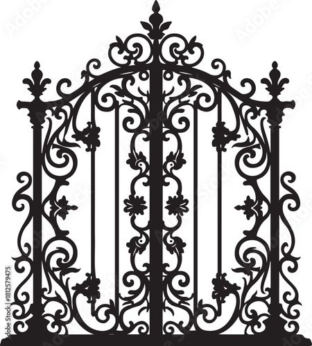 Black ornate wrought iron gate with floral scrollwork