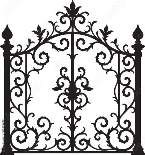 Black ornate wrought iron gate with scrollwork vector