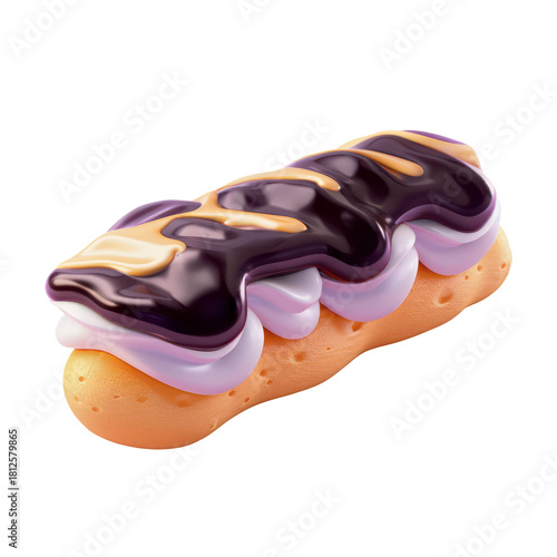 3D Chocolate Eclair Pastry with Glossy Topping Illustration isolated on transparent background
