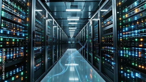 Futuristic data center interior with rows of illuminated server racks, advanced networking and high-speed technology infrastructure for cloud computing, storage, and cybersecurity.