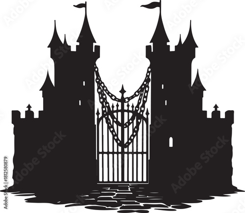 Black silhouette of a gothic castle with chained gates