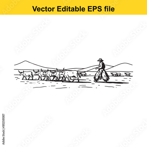 Black and white line art illustration of a cowboy herding cattle across a plain with mountains in the background, vector editable eps file