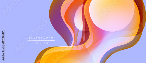 Abstract fluid shapes, warm colors blend with cool lavender. Modern design evokes movement, energy, visual interest.