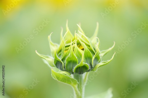 Unopened sunflower bud in a field view